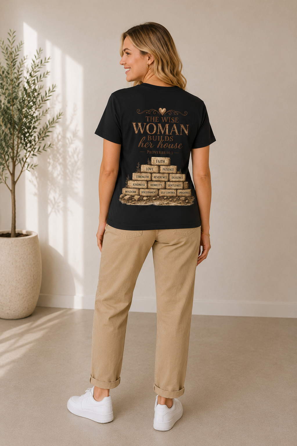 The Wise Woman Builds Her House Tee - Proverbs 14:1 | Kingdom Kame Garments
